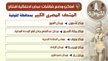 محافظ المنوفية: شاشات عملاقة بميادين المحافظة لنقل احتفالية افتتاح المتحف المصري الكبير محافظ المنوفية: شاشات عملاقة بميادين المحافظة لنقل احتفالية افتتاح المتحف المصري الكبير