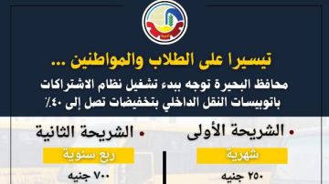 بتخفيضات تصل إلى 40٪.. محافظ البحيرة توجه ببدء تشغيل نظام الاشتراكات بأتوبيسات النقل الداخلي بتخفيضات تصل إلى 40٪.. محافظ البحيرة توجه ببدء تشغيل نظام الاشتراكات بأتوبيسات النقل الداخلي