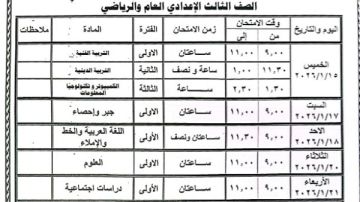 جدول امتحانات الشهادة الإعدادية 2026 الترم الأول .. صور وتفاصيل عاجلة جدول امتحانات الشهادة الإعدادية 2026 الترم الأول .. صور وتفاصيل عاجلة