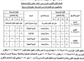 رسميا.. جداول امتحانات المواد غير المضافة للمجموع للصف الأول الثانوي بمدارس بورسعيد