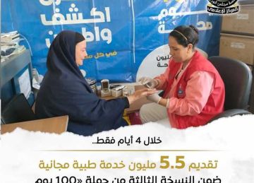 ضمن حملة 100 يوم صحة .. تقديم 5.47 مليون خدمة طبية مجانية في 4 أيام ضمن حملة 100 يوم صحة .. تقديم 5.47 مليون خدمة طبية مجانية في 4 أيام