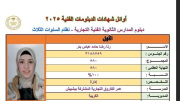 جابت الدرجات النهائية بكل المواد طالبة تحصل على 100 في نتيجة الدبلومات الفنية