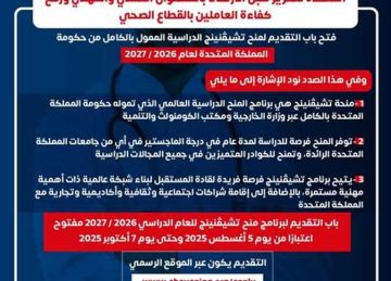 الصحة: التقديم في منح تشيفنينج الدراسية الممولة من الحكومة البريطانية مستمر حتى 7 أكتوبر 2025 الصحة: التقديم في منح تشيفنينج الدراسية الممولة من الحكومة البريطانية مستمر حتى 7 أكتوبر 2025