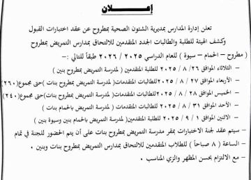 بالمجاميع.. مواعيد اختبارات الهيئة والقبول بمدارس التمريض في مطروح (تفاصيل)