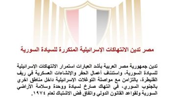 مصر تدين الانتهاكات الإسرائيلية المتكررة للسيادة السورية مصر تدين الانتهاكات الإسرائيلية المتكررة للسيادة السورية