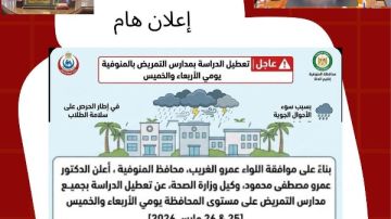 تعطيل الدراسة بمدارس التمريض بالمنوفية بسبب سوء الأحوال الجوية