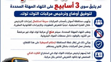 في أسوان.. مهلة أخيرة 3 أسابيع لتوفيق أوضاع وترخيص مركبات التوك توك في أسوان.. مهلة أخيرة 3 أسابيع لتوفيق أوضاع وترخيص مركبات التوك توك