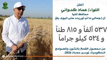 محافظ المنيا: توريد 537 ألف طن قمح.. ورقابة مشددة على المنظومة محافظ المنيا: توريد 537 ألف طن قمح.. ورقابة مشددة على المنظومة