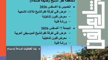 في شارع الفن هذا الأسبوع.. الثقافة تقدم برنامجا متنوعا بكفر الشيخ والإسكندرية وأسوان والإسماعيلية وبني سويف في شارع الفن هذا الأسبوع.. الثقافة تقدم برنامجا متنوعا بكفر الشيخ والإسكندرية وأسوان والإسماعيلية وبني سويف