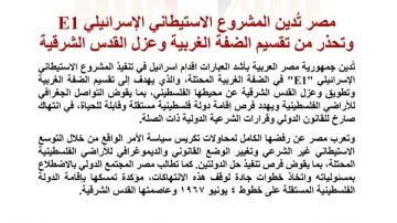 مصر تدين المشروع الاستيطاني الإسرائيلي E1 وتحذر من تقسيم الضفة الغربية وعزل القدس الشرقية