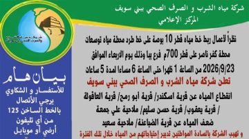 بني سويف.. قطع المياه غدا عن بعض قرى ببا لمدة 5 ساعات بني سويف.. قطع المياه غدا عن بعض قرى ببا لمدة 5 ساعات