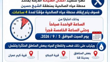 غدا السبت.. قطع المياه لمدة 4 ساعات عن مناطق بمدينة قنا غدا السبت.. قطع المياه لمدة 4 ساعات عن مناطق بمدينة قنا