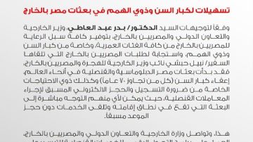 الخارجية: تسهيلات لكبار السن وذوي الهمم في بعثات مصر بالخارج الخارجية: تسهيلات لكبار السن وذوي الهمم في بعثات مصر بالخارج