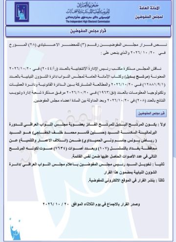 مفوضية الانتخابات : رياض يونس جاسم وني الحميداوي بديلا عن حسين قاسم محمد خلف الخفاجي مفوضية الانتخابات : رياض يونس جاسم وني الحميداوي بديلا عن حسين قاسم محمد خلف الخفاجي