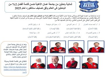 8 باحثين من عمان الأهلية ضمن أفضل 2 من الباحثين في العالم وفق تصنيف ستانفورد 2025 8 باحثين من عمان الأهلية ضمن أفضل 2 من الباحثين في العالم وفق تصنيف ستانفورد 2025