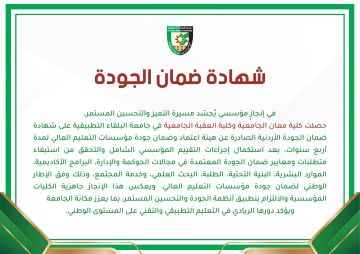 جامعة البلقاء التطبيقية تحصد شهادة ضمان الجودة الأردنية لكليتي معان والعقبة الجامعيتين لمدة أربع سنوات