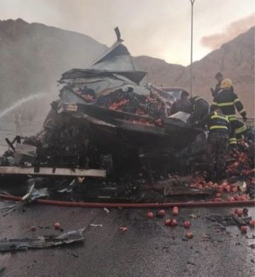 اشتعال تريلا ومركبة بحادث تصادم على الطريق الخلفي اشتعال تريلا ومركبة بحادث تصادم على الطريق الخلفي