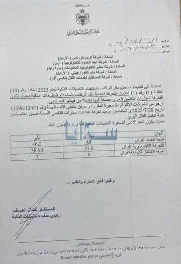 هيئة تنظيم النقل البري تصدر كتاب تسعيرة موحد لشركات التطبيقات الذكية وتتوعد المخالفين بالعقوبات - وثيقة هيئة تنظيم النقل البري تصدر كتاب تسعيرة موحد لشركات التطبيقات الذكية وتتوعد المخالفين بالعقوبات - وثيقة