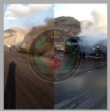 اشتعال شاحنتين احداهما محملة بالغاز في طريق العقبة الخلفي