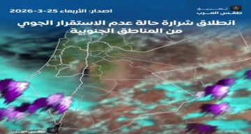 طقس العرب: انطلاق حالة عدم استقرار جوي من جنوب الأردن مع أمطار رعدية وزخات برد طقس العرب: انطلاق حالة عدم استقرار جوي من جنوب الأردن مع أمطار رعدية وزخات برد