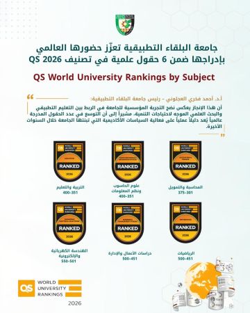 البلقاء التطبيقية تدخل ستة تخصصات في تصنيف QS العالمي 2026 وتعزز حضورها الأكاديمي الدولي البلقاء التطبيقية تدخل ستة تخصصات في تصنيف QS العالمي 2026 وتعزز حضورها الأكاديمي الدولي