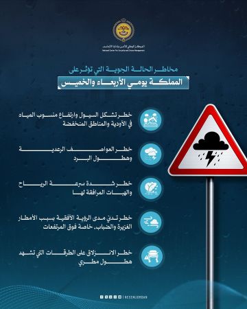 إدارة الأزمات يدعو لأخذ الحيطة مع تأثر المملكة بمنخفض جوي