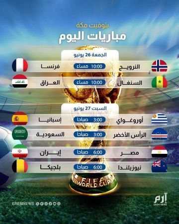 مصر والعراق والسعودية ..  جدول مواعيد مباريات اليوم وغدا في كأس العالم