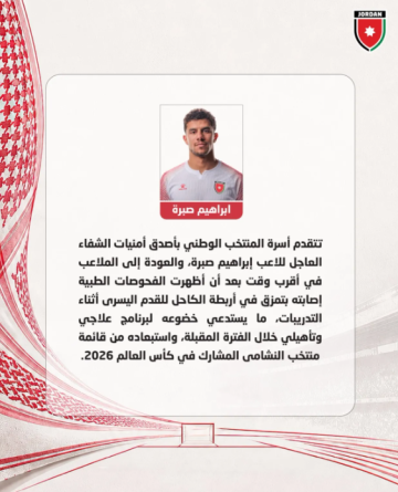 #عاجل إصابة إبراهيم صبرة بتمزق في أربطة الكاحل واستبعاده من قائمة النشامى