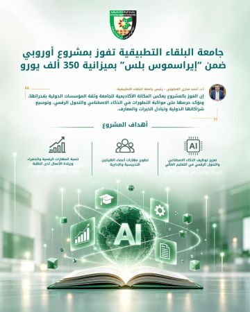 جامعة البلقاء التطبيقية تفوز بمشروع أوروبي ضمن إيراسموس بلس بميزانية 350 ألف يورو جامعة البلقاء التطبيقية تفوز بمشروع أوروبي ضمن إيراسموس بلس بميزانية 350 ألف يورو