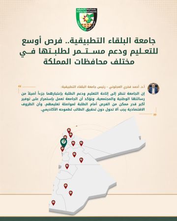 جامعة البلقاء التطبيقية .. فرص أوسع للتعليم ودعم مستمر لطلبتها في مختلف محافظات المملكة جامعة البلقاء التطبيقية .. فرص أوسع للتعليم ودعم مستمر لطلبتها في مختلف محافظات المملكة
