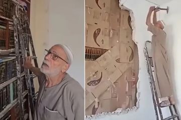 مسن سوري يهدم جدارا شيده عام 2011 لحماية مكتبة ابنه بحمص - فيديو