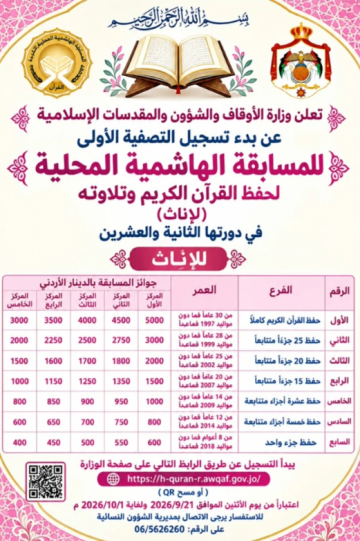الأوقاف تعلن بدء التسجيل للتصفية الأولى للمسابقة الهاشمية القرآنية للإناث الأوقاف تعلن بدء التسجيل للتصفية الأولى للمسابقة الهاشمية القرآنية للإناث