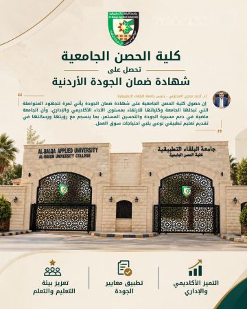 كلية الحصن الجامعية تحصل على شهادة ضمان الجودة الأردنية كلية الحصن الجامعية تحصل على شهادة ضمان الجودة الأردنية
