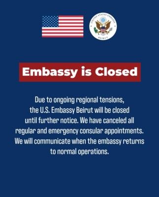السفارة الاميركية في بيروت اعلنت اغلاق ابوابها حتى إشعار آخر وإلغاء جميع المواعيد القنصلية السفارة الاميركية في بيروت اعلنت اغلاق ابوابها حتى إشعار آخر وإلغاء جميع المواعيد القنصلية