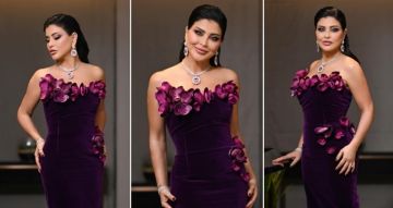 شرطة_الموضة: جومانا مراد بفستان مخملي مزين بزهرة الأوركيد في مهرجان ضيافة سعره 346 ألف جنيه ...