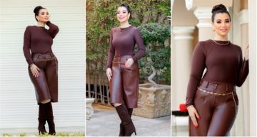 شرطة_الموضة: مروة صبري بإطلالة شتوية باللون البني ... بلوفر بسيط وJort جلدي