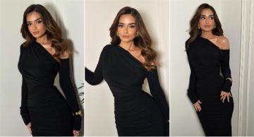 اللون المناسب للشتاء ملك أحمد زاهر تستعرض رشاقتها بفستان أسود ضيق
