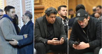 أحمد السعدني وكريم محمود عبد العزيز وعلي ربيع وشيرين وأحمد السبكي في عزاء شقيقة عادل إمام