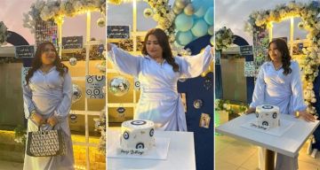 بقالب حلوى مزين بعيون زرقاء بدرية طلبة تحتفل بعيد ميلادها