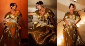 إنجي كيوان تتألق بإطلالة ذهبية في أحدث جلسة تصوير