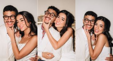  شرطة_الموضة البلوجر ملك دهشان بفستان من الساتان المطرز يدويا في حفل خطوبتها للفنان الشاب مروان المسلماني