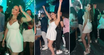 نسرين طافش بفستان أبيض قصير في حفل عمرو دياب في الساحل الشمالي