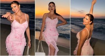 نسرين طافش بفستان وردي أنيق على شاطيء البحر