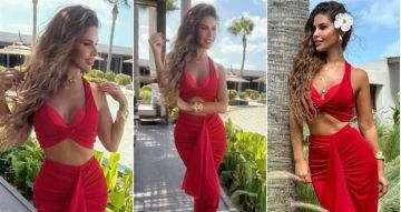 مي سليم بفستان أحمر من قطعتين في الساحل الشمالي