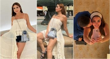 نسرين طافش بفستان أبيض قصير في برشلونة ... وقبلة من زوجها في المرآة