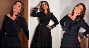  شرطة_الموضة: حنان مطاوع بفستان مميز نصف جاكيت ونصف Off Shoulder من تصميم أيمن لحموني في Dear Guest