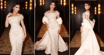 شرطة_الموضة: مي عمر بفستان زفاف مطرز يدويا باللؤلؤ في حفل جوي أووردز
