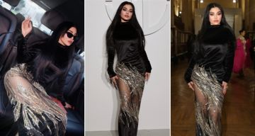 شرطة_الموضة: هيفاء وهبي بفستان قطيفة ضيق بمنطقة شفافة أعلى الركبة سعره 225 ألف جنيه في عرض أزياء ...