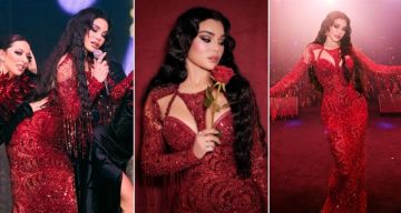 شرطة_الموضة: هيفاء وهبي بفستان أحمر مطرز بالكامل في حفلها ببيروت احتفالا بعيد الحب