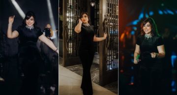 بوسي تتألق بجمبسوت أسود يبرز رشاقتها في حفل غنائي خاص